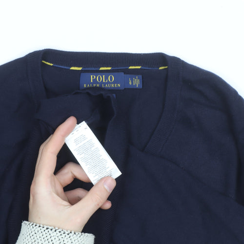 Polo Ralph Lauren Men's Navy Blue V-Neck Slim Fit Cotton Jumper Size L