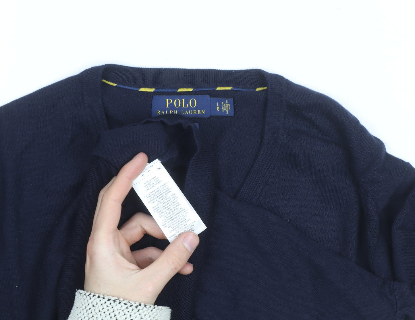 Polo Ralph Lauren Men's Navy Blue V-Neck Slim Fit Cotton Jumper Size L