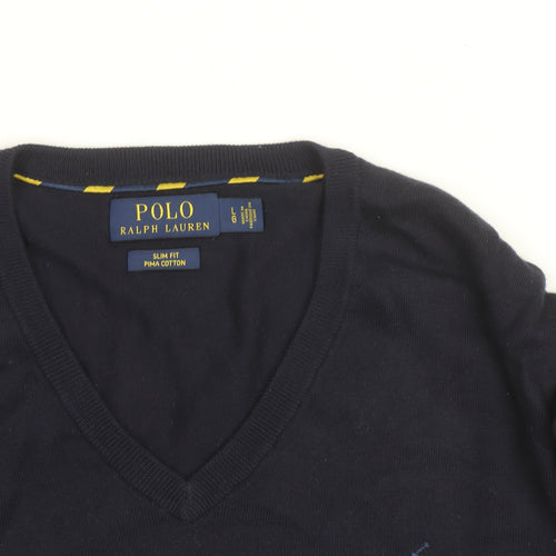 Polo Ralph Lauren Men's Navy Blue V-Neck Slim Fit Cotton Jumper Size L