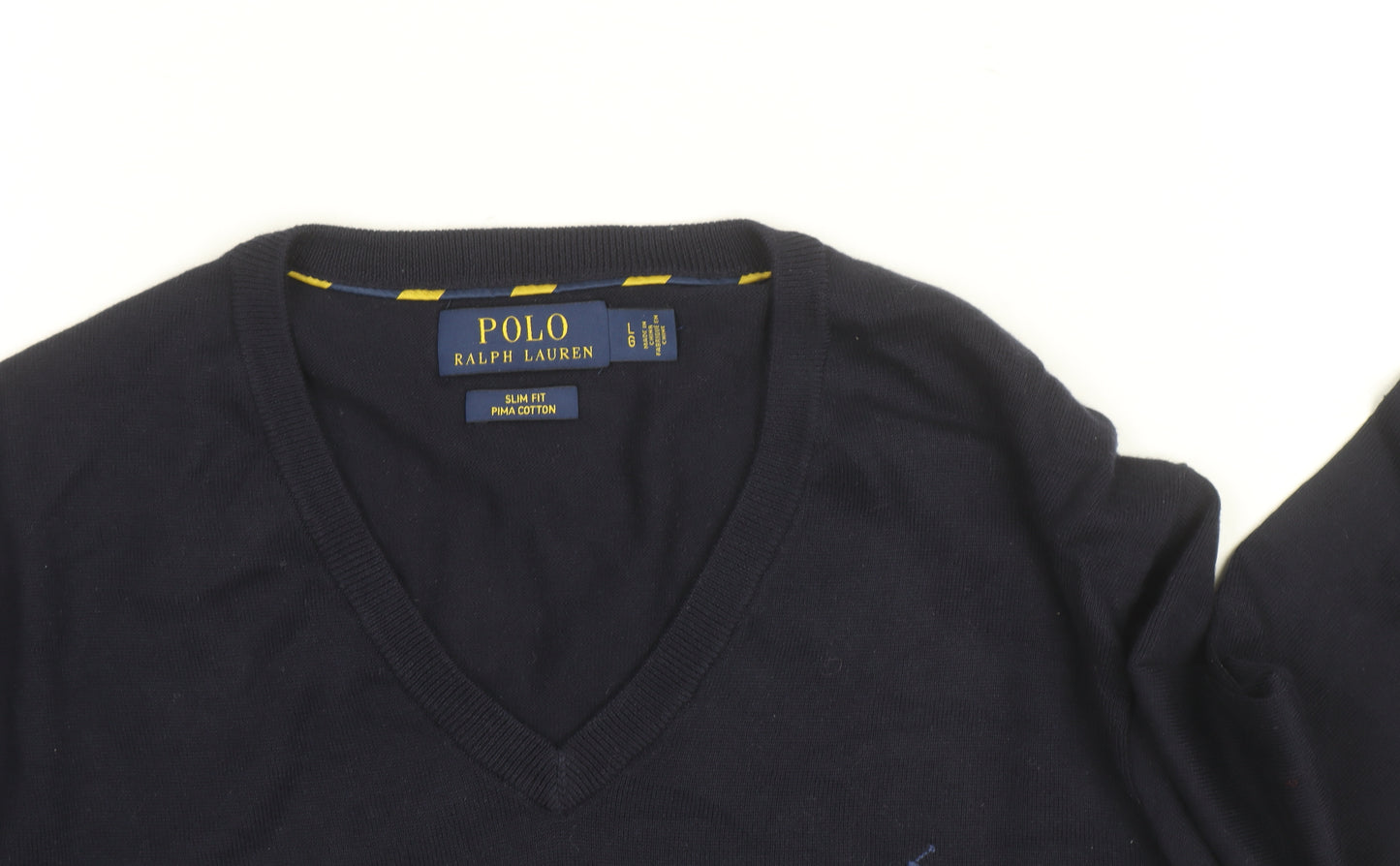 Polo Ralph Lauren Men's Navy Blue V-Neck Slim Fit Cotton Jumper Size L