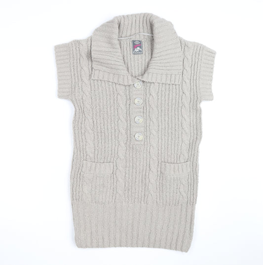 Next Women Beige Short Sleeve Collared Cable Knit Jumper Size M