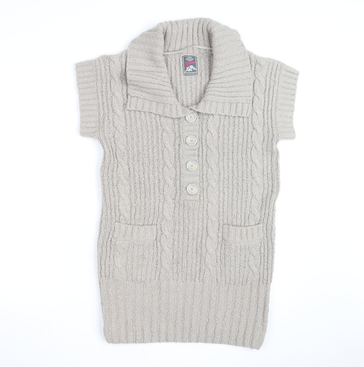 Next Women Beige Short Sleeve Collared Cable Knit Jumper Size M