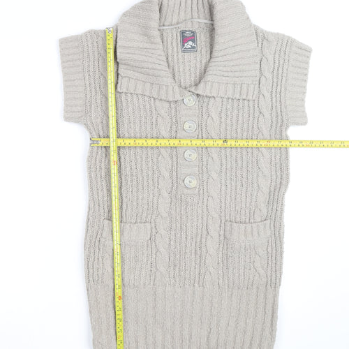 Next Women Beige Short Sleeve Collared Cable Knit Jumper Size M