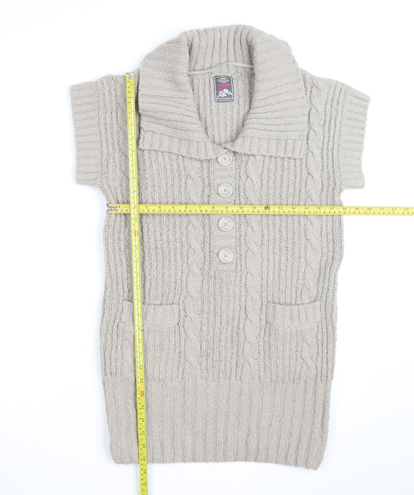 Next Women Beige Short Sleeve Collared Cable Knit Jumper Size M