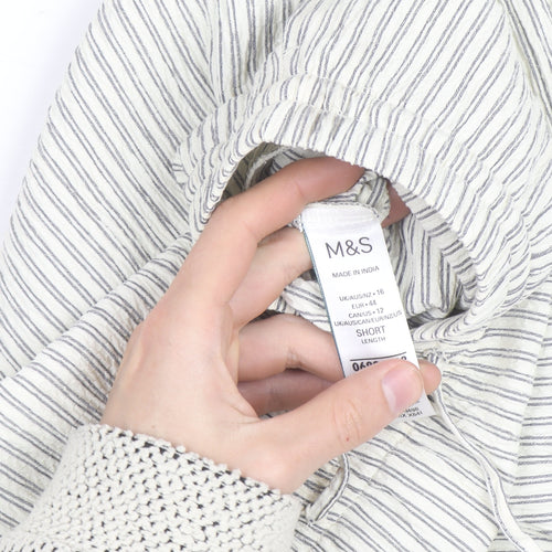 Marks and Spencer Women Blue Stripe Linen Blend Wide-Leg Trousers Size 16 Short