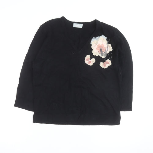 Wallis Women Black Floral Embellished V-Neck Jumper Size 20