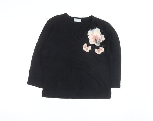 Wallis Women Black Floral Embellished V-Neck Jumper Size 20