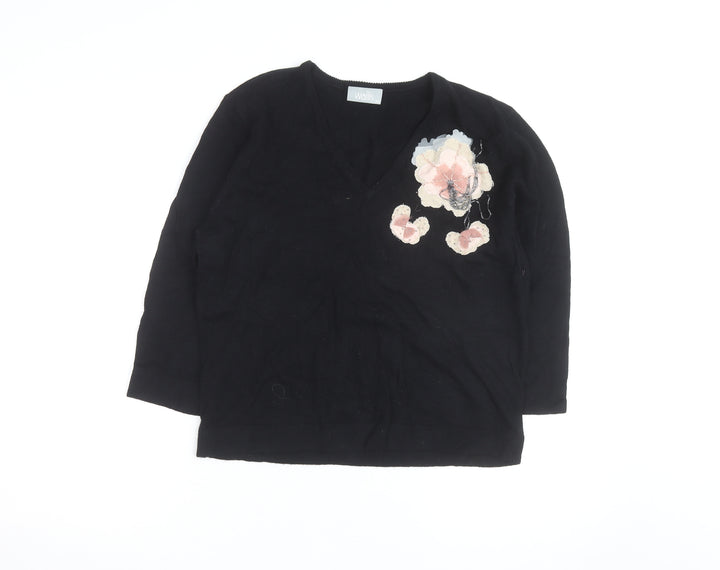 Wallis Women Black Floral Embellished V-Neck Jumper Size 20