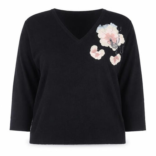 Wallis Women Black Floral Embellished V-Neck Jumper Size 20