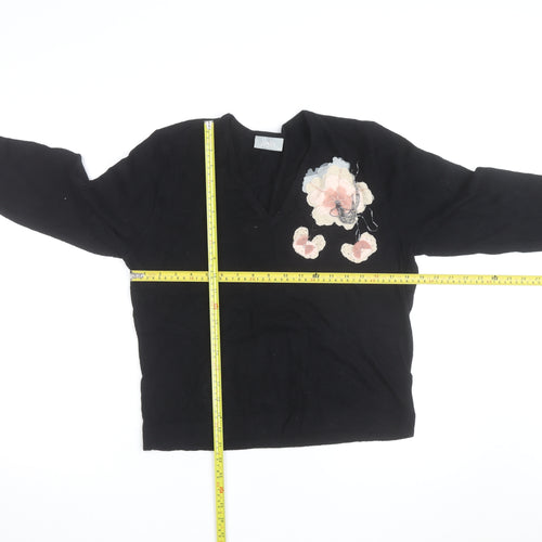 Wallis Women Black Floral Embellished V-Neck Jumper Size 20