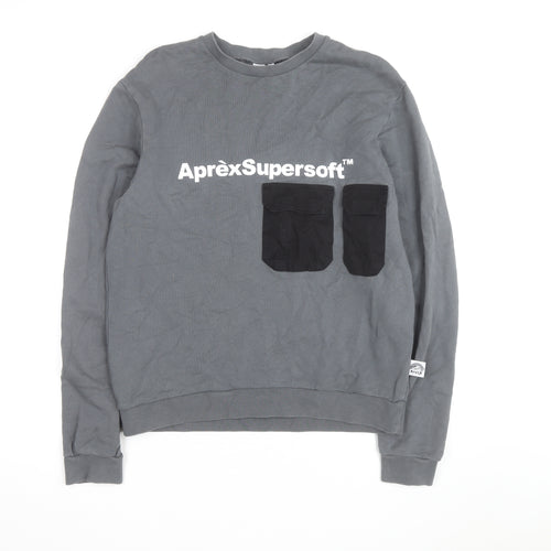 Apres Mens Grey Crew Neck Pullover Sweatshirt Medium with Logo Pockets