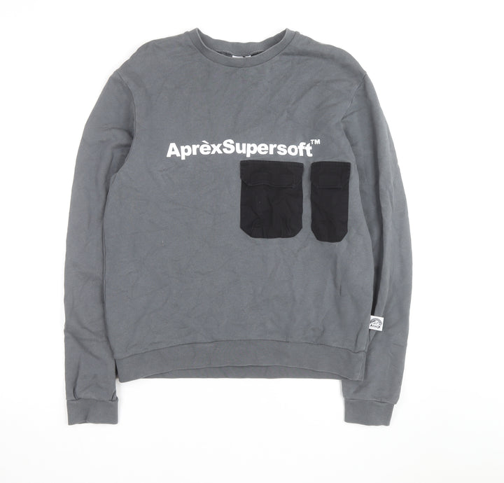 Apres Mens Grey Crew Neck Pullover Sweatshirt Medium with Logo Pockets