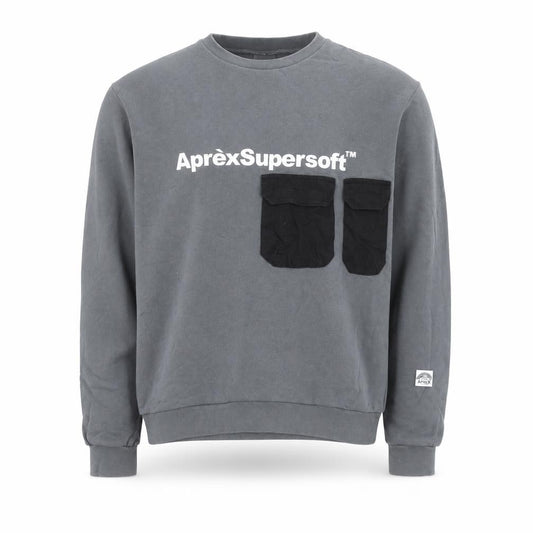 Front view of Apres men’s grey crew neck pullover sweatshirt medium with logo pockets
