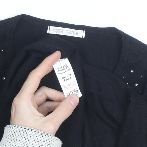 Marks and Spencer Women Black Petite Size 16 Rhinestone Cardigan