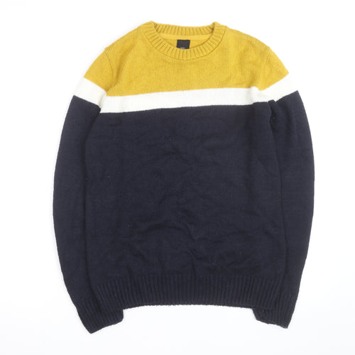 River Island Men's Blue Yellow Crew Neck Pullover Jumper XS