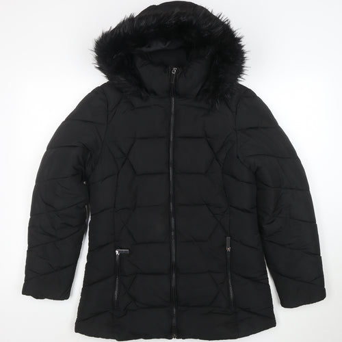 Roman Women Black Hooded Puffer Coat Size 10 with Faux Fur Trim