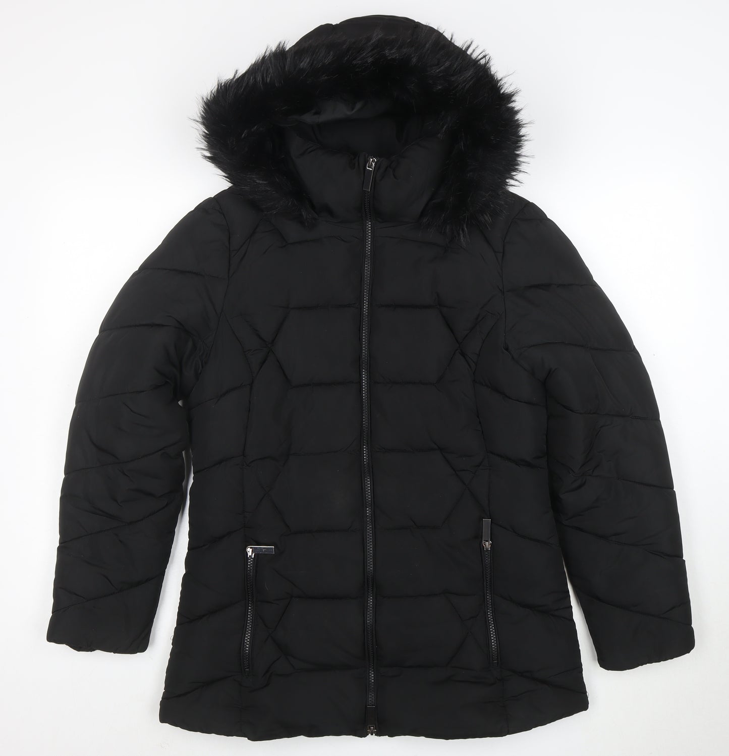 Roman Women Black Hooded Puffer Coat Size 10 with Faux Fur Trim