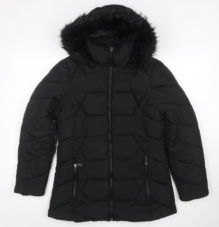Roman Women Black Hooded Puffer Coat Size 10 with Faux Fur Trim