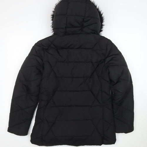 Roman Women Black Hooded Puffer Coat Size 10 with Faux Fur Trim