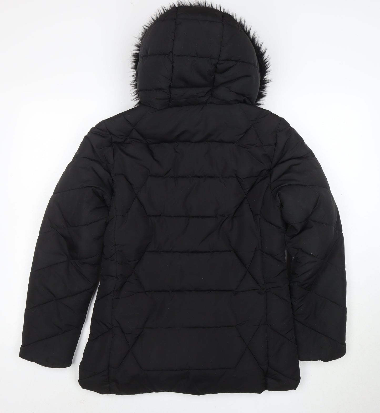 Roman Women Black Hooded Puffer Coat Size 10 with Faux Fur Trim
