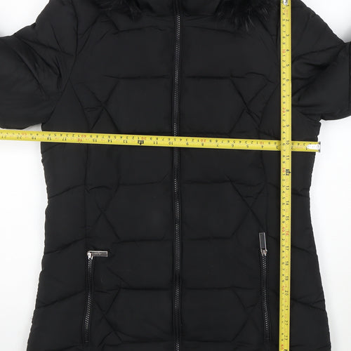 Roman Women Black Hooded Puffer Coat Size 10 with Faux Fur Trim