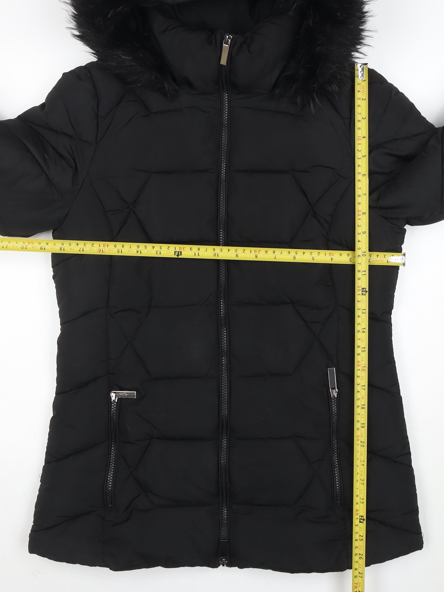 Roman Women Black Hooded Puffer Coat Size 10 with Faux Fur Trim