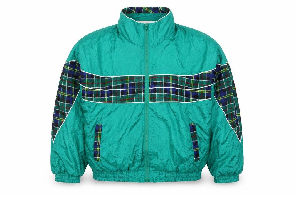 Front view of Active Exposure Men's Green Tartan XL Retro Nylon Windbreaker Jacket