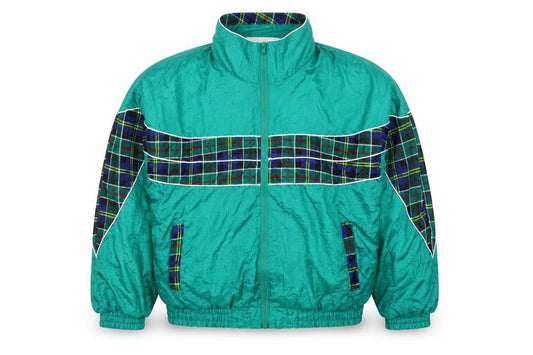 Front view of Active Exposure Men's Green Tartan XL Retro Nylon Windbreaker Jacket