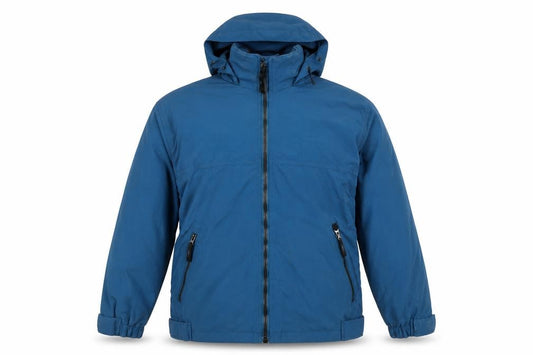 Front view of Lee Valley men’s blue hooded waterproof jacket, size S