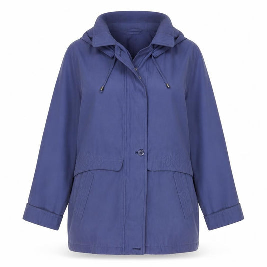 Front view of Bonmarché Women's Blue Hooded Parka Jacket, size M, Regular Fit