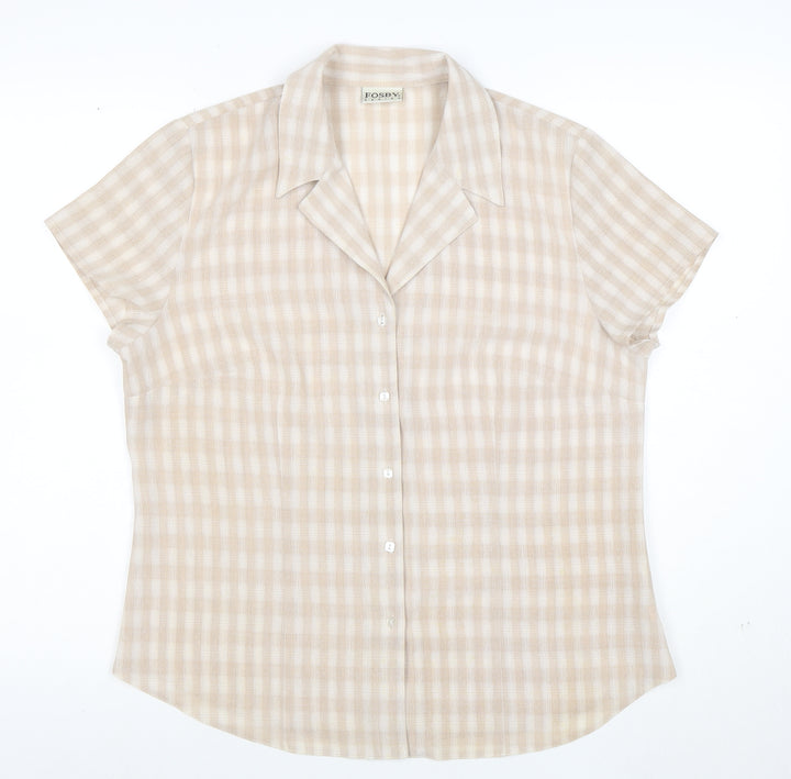 Fosby Design Women's Beige Check Short Sleeve Button-Up Shirt Size 14