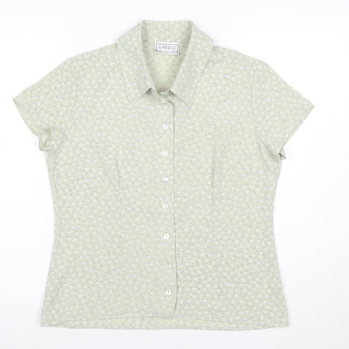 Classics Women Green Floral Button-Up Short Sleeve Blouse Size 12