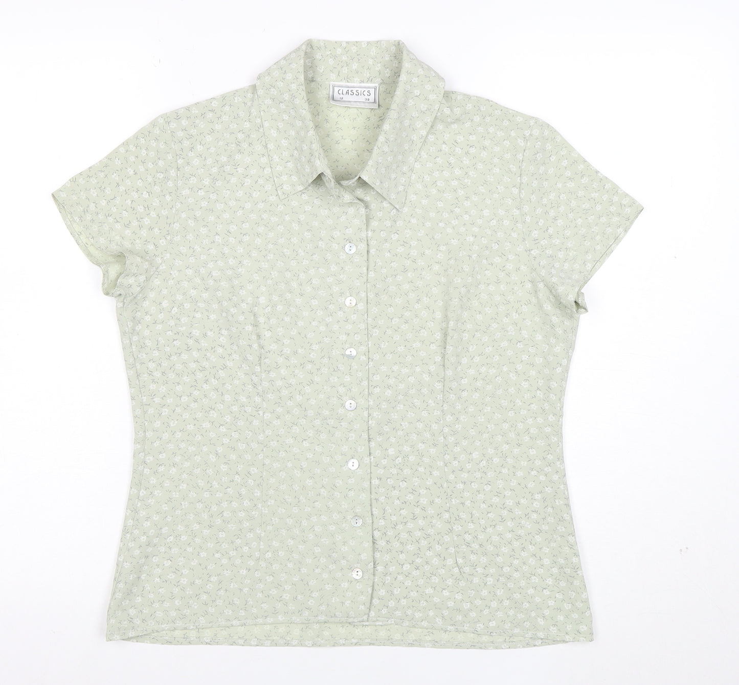 Classics Women Green Floral Button-Up Short Sleeve Blouse Size 12