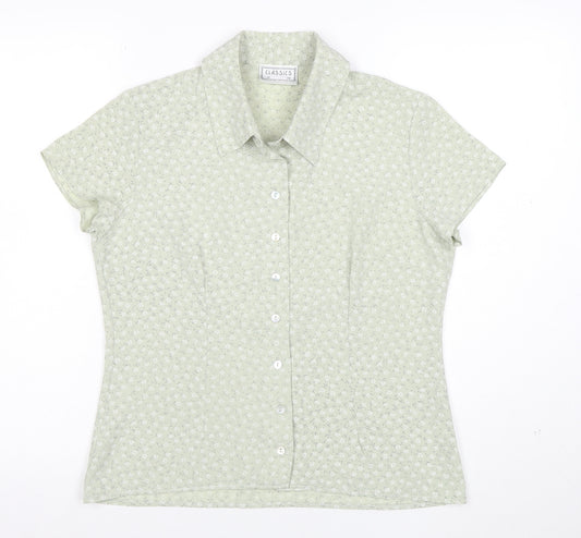 Classics Women Green Floral Button-Up Short Sleeve Blouse Size 12