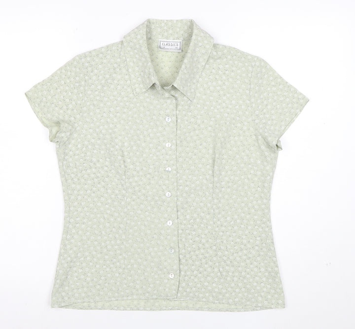 Classics Women Green Floral Button-Up Short Sleeve Blouse Size 12