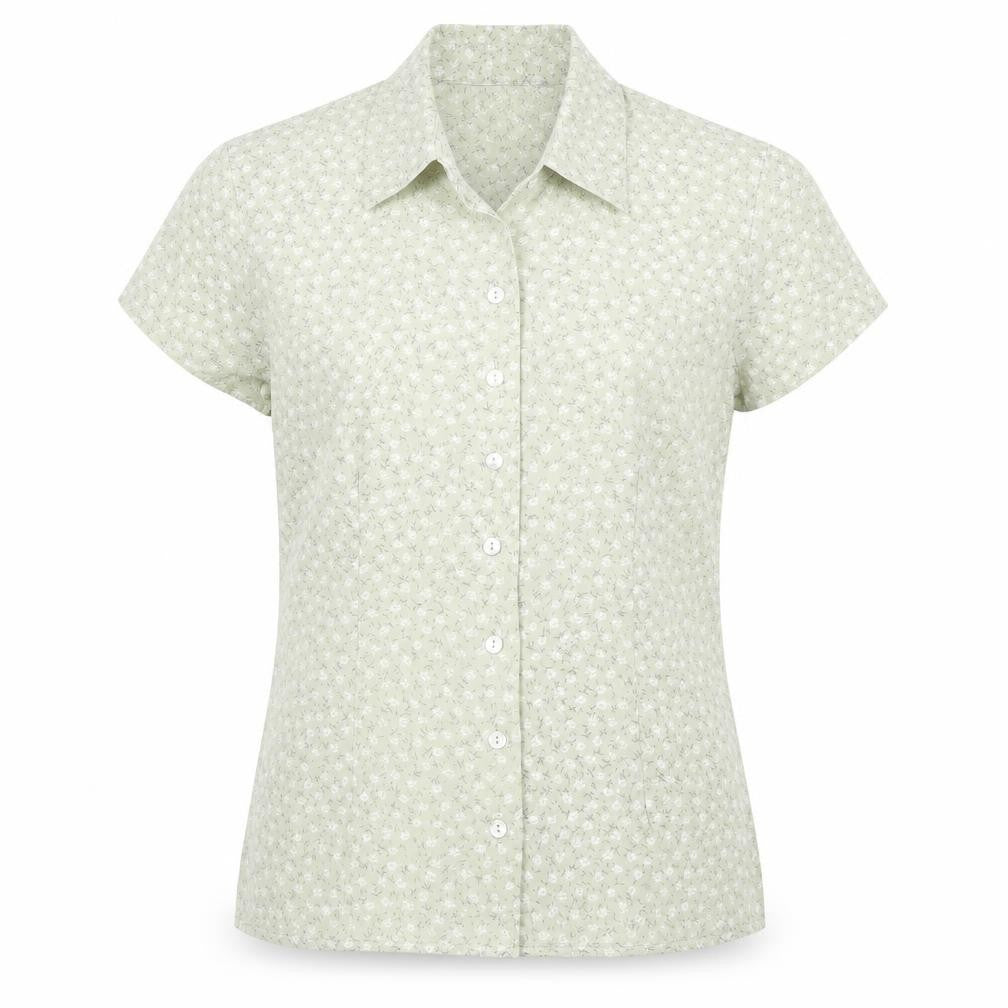 Front view of Classics Women Green Floral Button-Up Short Sleeve Blouse, size 12
