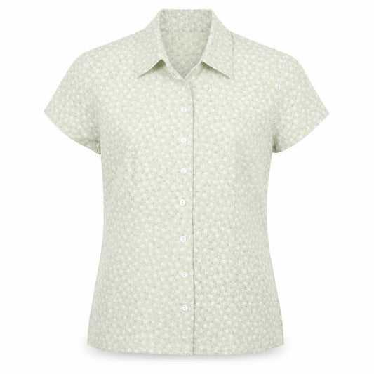 Front view of Classics Women Green Floral Button-Up Short Sleeve Blouse, size 12