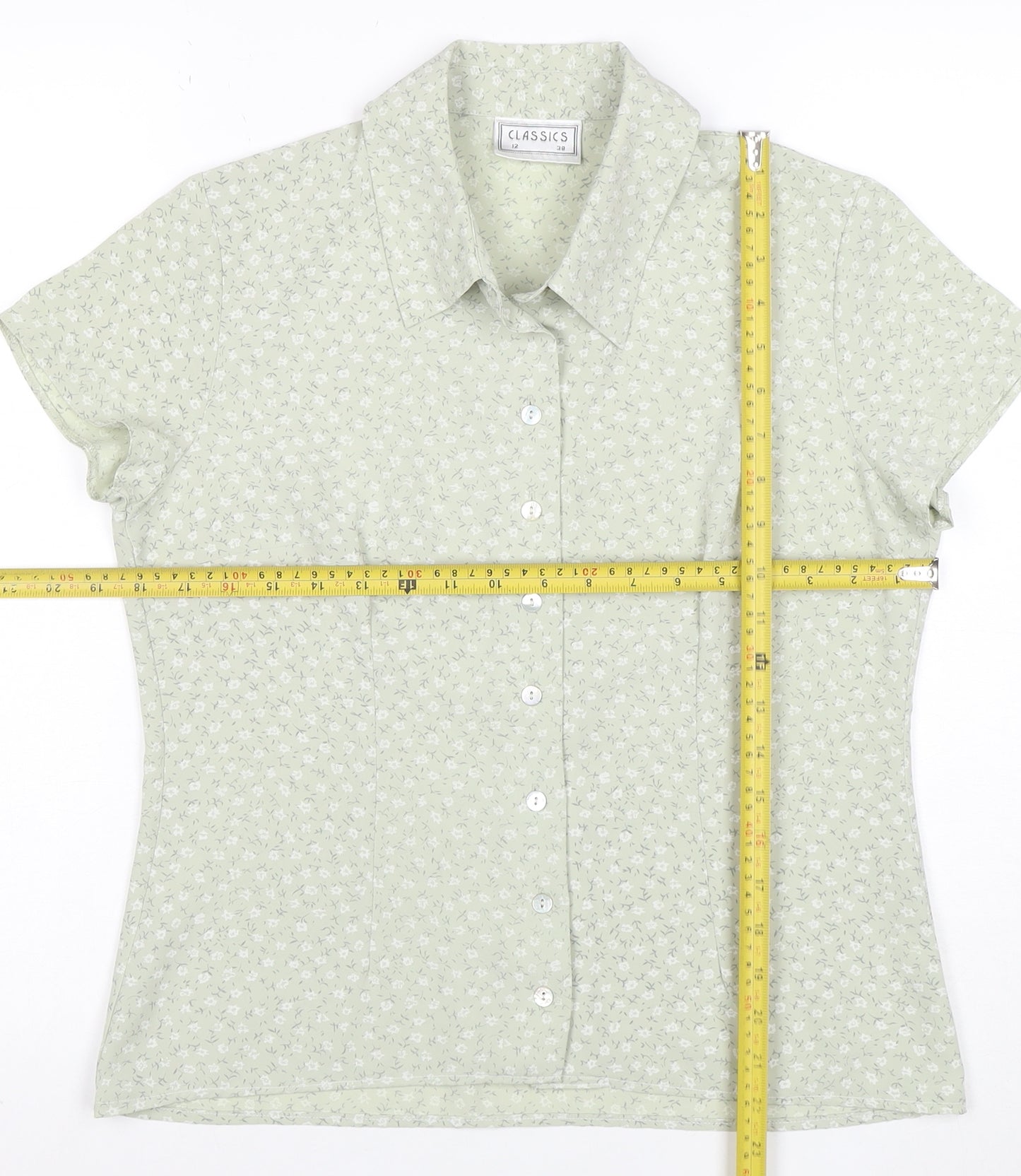 Classics Women Green Floral Button-Up Short Sleeve Blouse Size 12