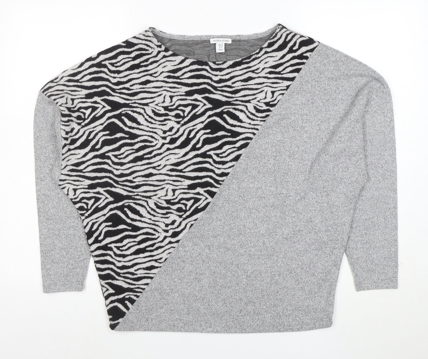Sonder Studio Womens Grey Zebra Print Relaxed Knit Jumper Size 10