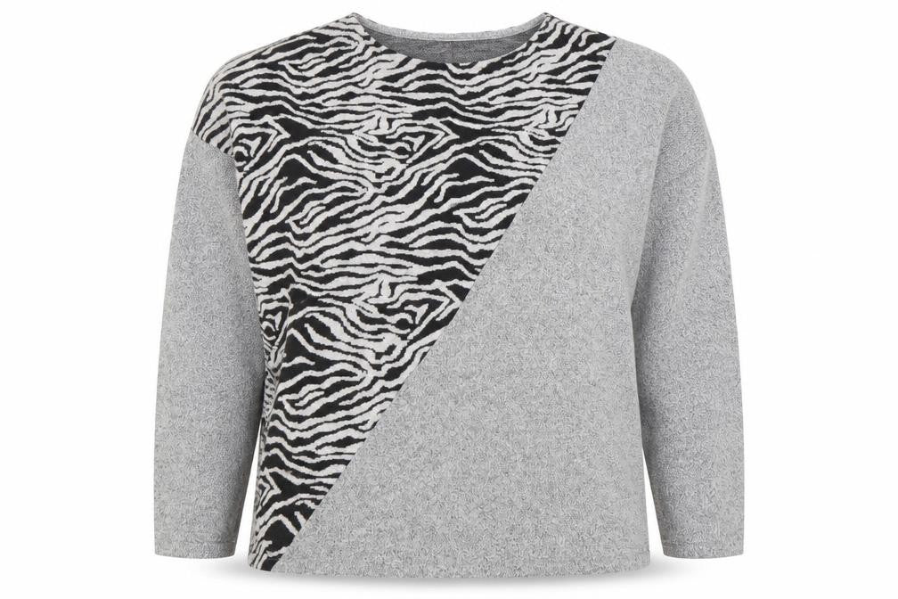 Front view of Sonder Studio women’s grey zebra print relaxed knit jumper, size UK 10