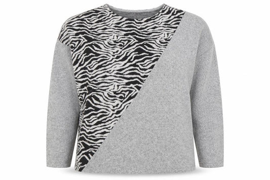 Front view of Sonder Studio women’s grey zebra print relaxed knit jumper, size UK 10