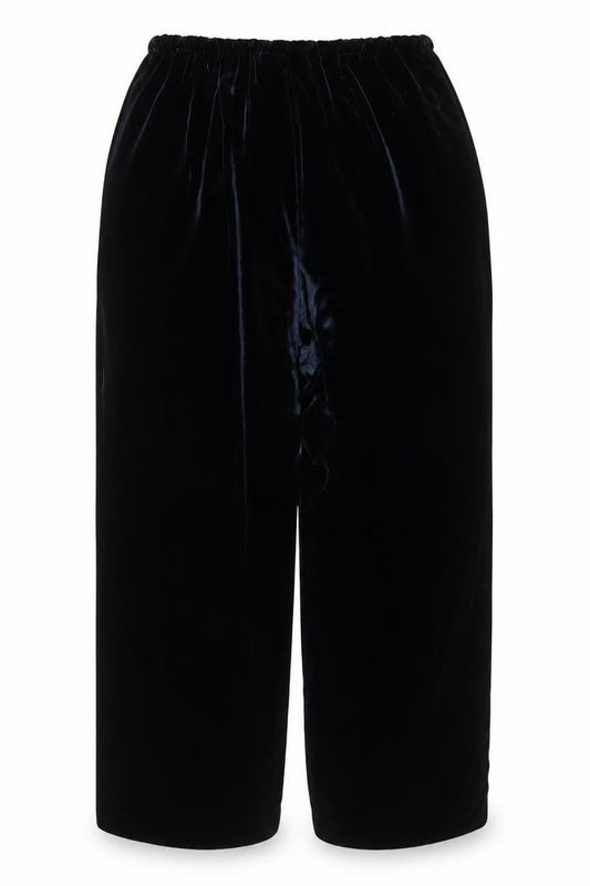 Front view of Racing Green women’s blue velvet wide-leg trousers, size UK 14