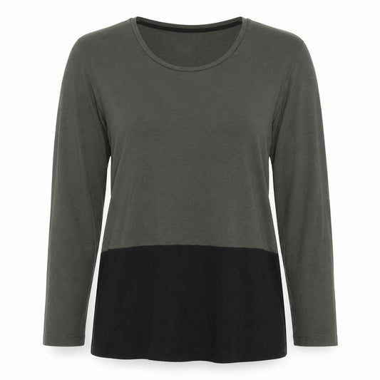Front view of Oasis Women’s Green Colourblock Long Sleeve Jersey Top, size S