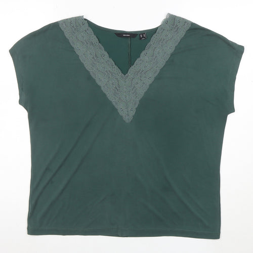 Vero Moda Women's Green Lace V-Neck Short Sleeve T-Shirt M