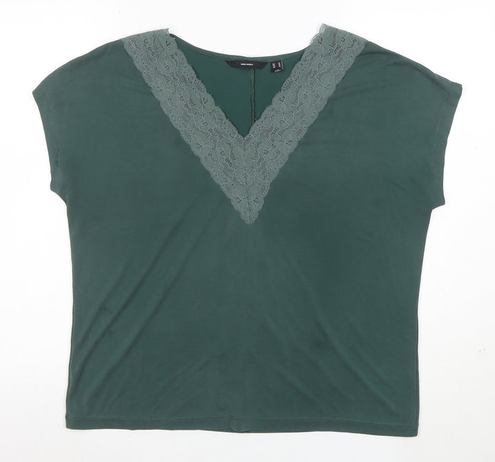 Vero Moda Women's Green Lace V-Neck Short Sleeve T-Shirt M