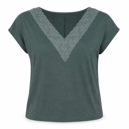 Front view of Vero Moda Women's Green Lace V-Neck Short Sleeve T-Shirt M