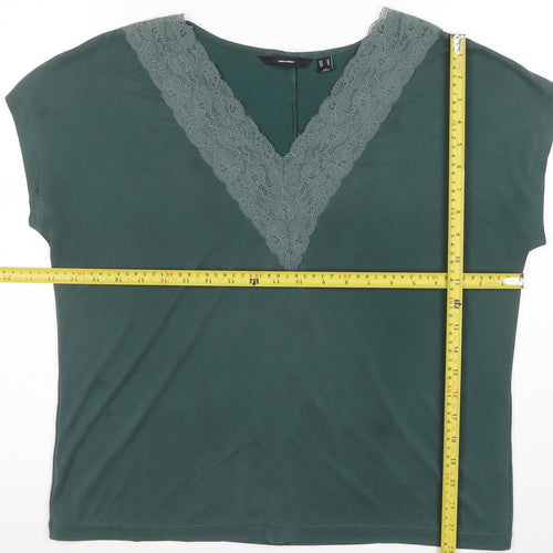 Vero Moda Women's Green Lace V-Neck Short Sleeve T-Shirt M