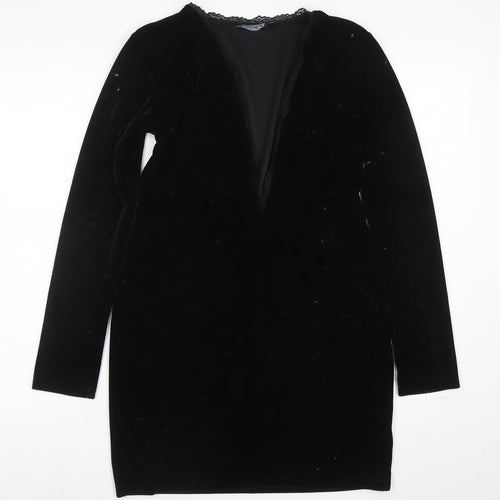 Model Women Black Velvet Lace V-Neck Long Sleeve Bodycon Dress L