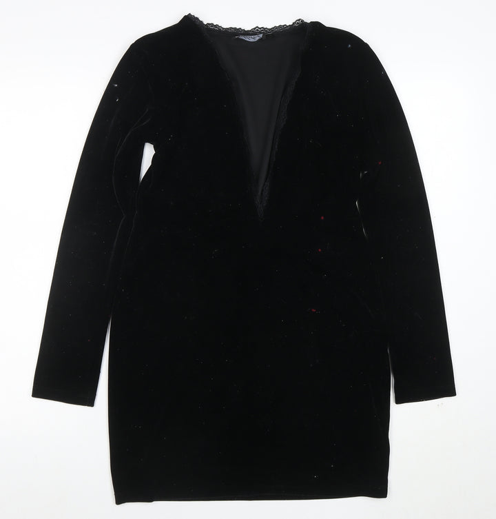 Model Women Black Velvet Lace V-Neck Long Sleeve Bodycon Dress L