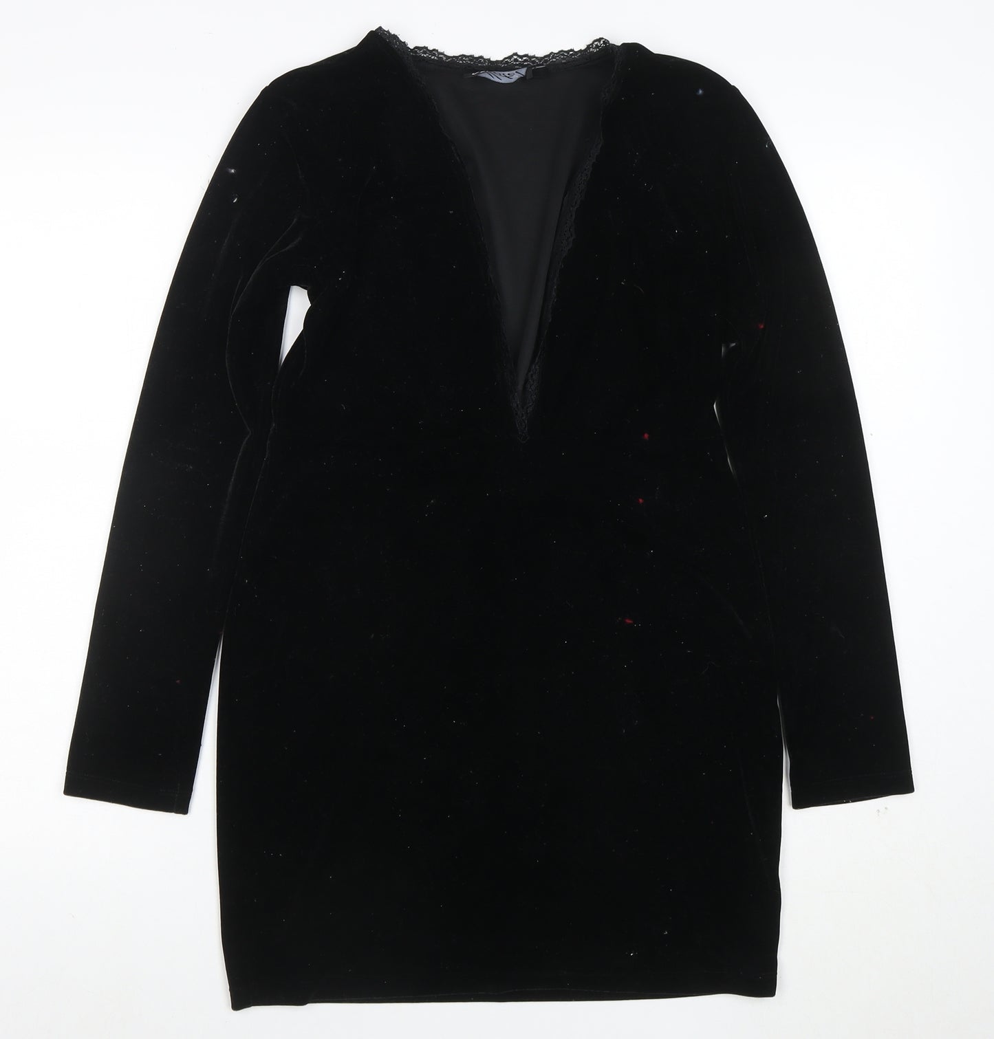 Model Women Black Velvet Lace V-Neck Long Sleeve Bodycon Dress L